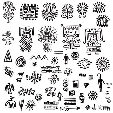 Set of drawings with tribal elements. Vector illustration.