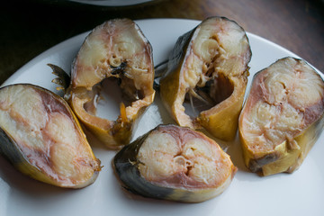 Cold, vegetable and appetizing okroshka, with smoked mackerel fish, cold home-made soup with sour cream