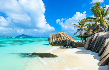 Source d'Argent Beach at island La Digue, Seychelles - Beautifully shaped granite boulders and rock...