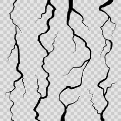 Creative vector illustration of realistic wall cracks set isolated on transparent background. Art design fracture rift on surface ground. Abstract concept graphic cleft broken collapse element.