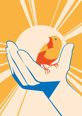 little bird in hand. vector flat illlustration