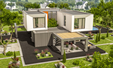 3d rendering of modern house in the garden