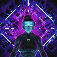 Virtual gamer woman / 3D illustration of female figure entering glowing virtual game environment © grandeduc