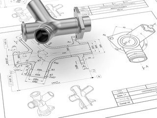 3D render - part floating over a 2D drawing