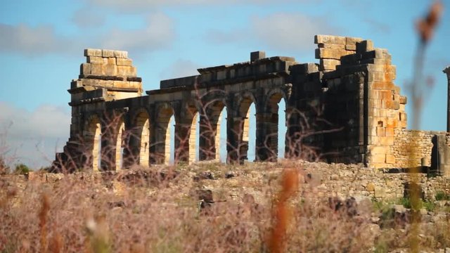 Ancient Roman ruins at the archaelogical UNESCO Heritage site of Volubilis in Morocco. 