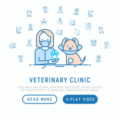 Veterinary clinic concept: doctor and dog in protective collar. Thin line icons: njection, cardiology, cleaning of ears, teeth, shearing claws, broken leg. Vector illustration, web page template.