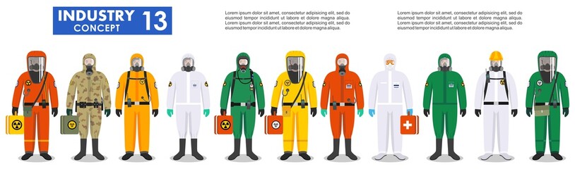 Chemical industry concept. Group different workers in differences protective suits standing together in row on white background in flat style. Dangerous profession. Vector illustration. - obrazy, fototapety, plakaty