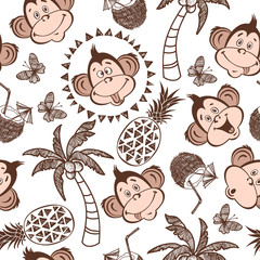 Seamless vector pattern with cute monkeys, palm trees, pineapple, coconut cocktails. Summer cartoon background.