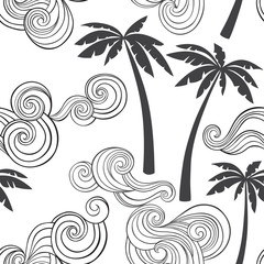 Fototapeta na wymiar Summer seamless pattern with tropical palm and waves . Monochrome vector illustration on a white background.