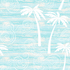 Summer seamless pattern with tropical palm and waves . Vector illustration on texture background.