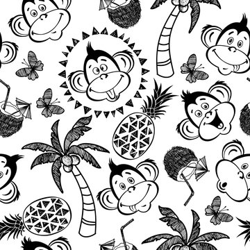 Seamless vector pattern with cute monkeys, palm trees, pineapple, coconut cocktails. Summer cartoon background.