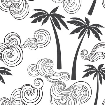 Summer seamless pattern with tropical palm and waves . Monochrome vector illustration on a white background.