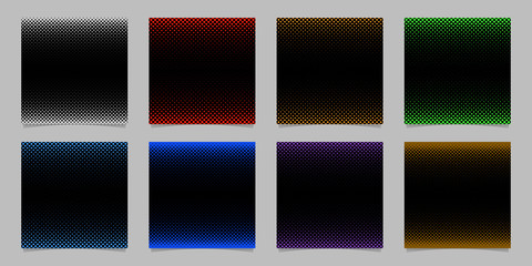 Geometrical halftone dot pattern background set - vector stationery graphics with colored circles in varying sizes on black background