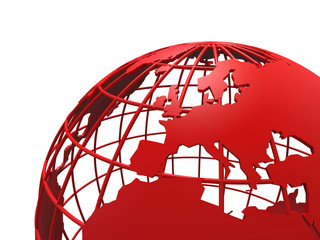 3D render - red mesh globe focused on europe