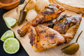 mexican Chicken Grilled, tortillas salsa and onions, food in mexico city