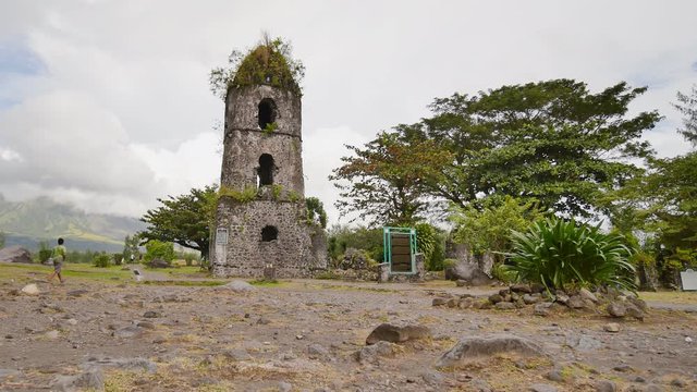 The ruins of Cagsawa church, showing Mount Mayon erupting in the background. Cagsawa Albay Philippines.