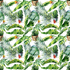 Seamless watercolor illustration of tropical leaves, dense jungle and cacti art. Pattern with tropic summertime motif and cactus illustration can be used as print, home or garden decoration