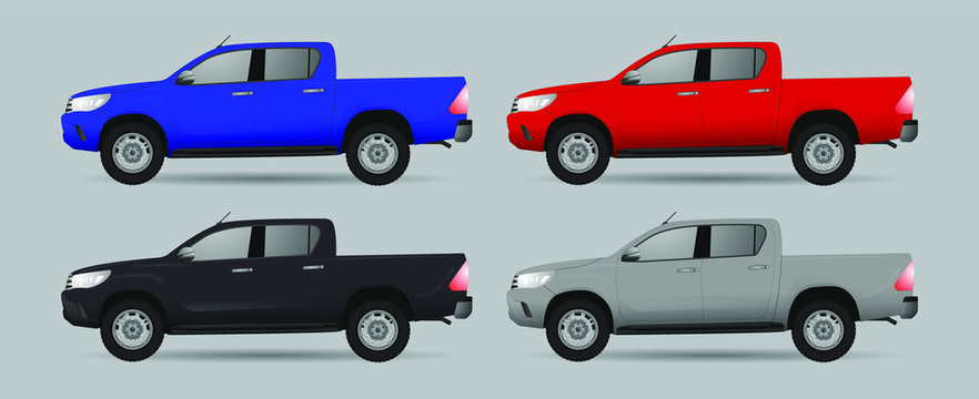 Set of off-road car on grey background. Image of a different color pickup truck in realistic style. Vector illustration. EPS 10.