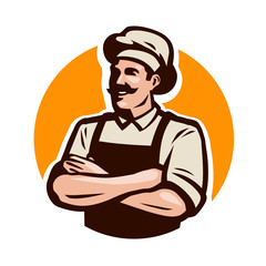 Chef, cook or baker logo. Cafe, restaurant, menu concept. Cartoon vector illustration