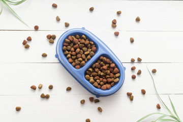 Pet food for dog or cat in bowl on wooden background top view flat lay