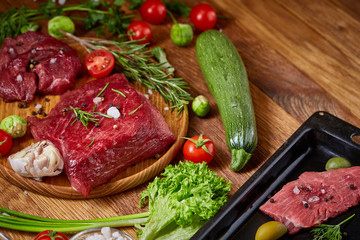 Still life of raw beef meat with vegetables on wooden plate over white background, top view, selective focus