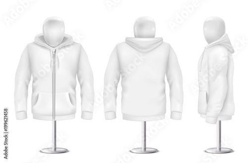 Download Vector 3d Realistic White Hoodie Front Back Side View Of Sweatshirt Mockup Template For Clothing On White Background Fashion Long Sleeve On Mannequin Hooded Pullover Unisex Women Men Hoody Wall Mural Vectorpocket