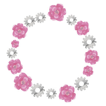 wreath round border of pink watercolor roses and gray metallic shiny gears isolated on white background vector