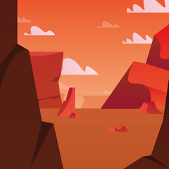 sunset landscape with rocky mountains, colorful design. vector illustration