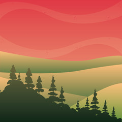sunset landscape with mountains and trees, colorful design. vector illustration
