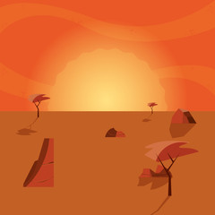 Fototapeta na wymiar sunset landscape with rocks and trees, colorful design. vector illustration