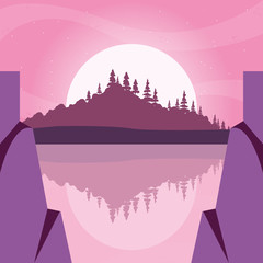 sunset landscape at the lakes with trees, colorful design. vector illustration