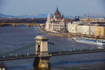 Fototapeta na wymiar View of Hungarian Parliament Building, Budapest Parliament exterior, also called Orszaghaz, with Donau river and city panorama 