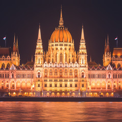 Fototapeta premium View of Hungarian Parliament Building, Budapest Parliament exterior, also called Orszaghaz, with Donau river and city panorama 