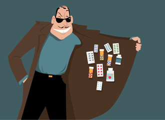 Man selling illegal or counterfeit drugs, EPS 8 vector illustration