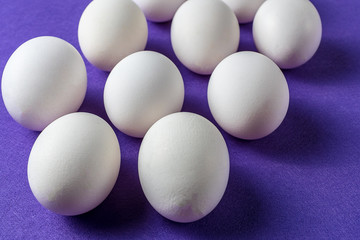 Organic white eggs in a raw on pastel backgound.