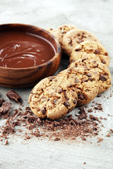 Chocolate cookies on grey table. Chocolate chip cookies shot