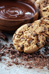 Chocolate cookies on grey table. Chocolate chip cookies shot