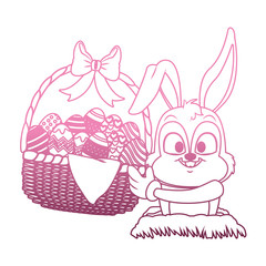 Cute rabbits with easter eggs basket cartoon on purple lines vector illustration