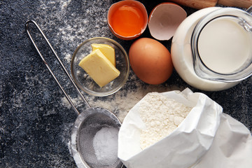 Baking ingredients for homemade pastry. Bake sweet cookies concept.