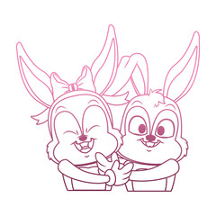 Beatiful rabbits cartoons on purple lines vector illustration