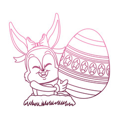 Cute rabbit with easter egg cartoon on purple lines vector illustration