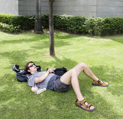 tourist on the grass in Bangkok.