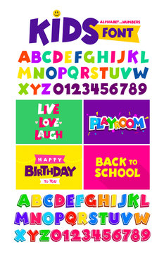 Kids font in the cartoon style, alphabet and numbers. Set of multicolored bright letters for inscriptions and your design. Vector illustration. Isolated on white background