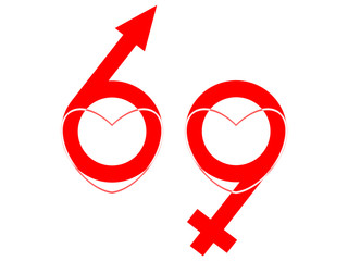 Hearts, male and female symbols as 69