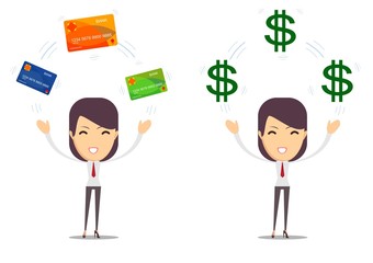 Closeup portrait smiling woman with credit cards and cash isolated on a white background. Stock flat vector illustration.