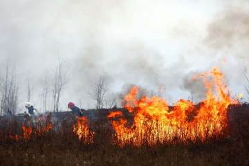 Fototapeta na wymiar Guard during fire fighting on dry meadows.