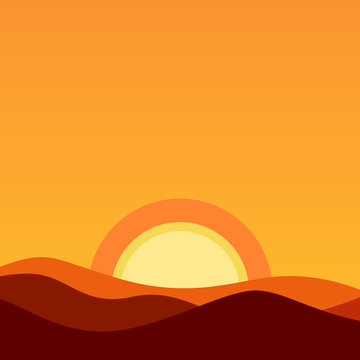 Cartoon Desert Landscape at Sunset. Vector Background illustration in orange colors of evening sun and horizon.