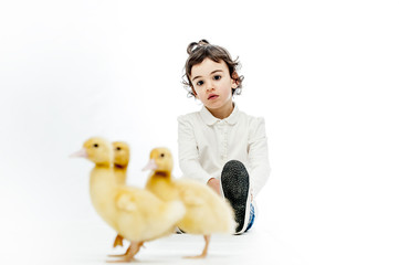 Little girl posing with ducklings