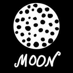 Stylized moon with craters vector and lettering on black