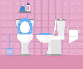 Toilet interior design template of lavatory pan front and side view with cleaning brush and toilet paper, flat style, made in cozy pink color of ceramic tile.